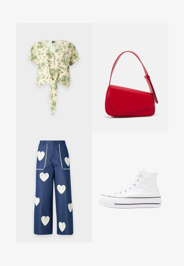 Kortärmad, beige skjorta med gröna bladmönster, som har en knapp-up framsidan och en knuten enkel detalj. Tillverkad av lätt tyg.; Sister Jane HEART TO HEART - Jeans straight leg - blue denim; Vit hög topp canvas sneaker med svart gummisulan, framsidan gummitåhätta och sex öglor för snören, med en ren, minimalistisk design.; Röd läderhandväska med en vinkelrät, geometrisk design. Har ett justerbart axelband och en klaffstängning med sydda detaljer.