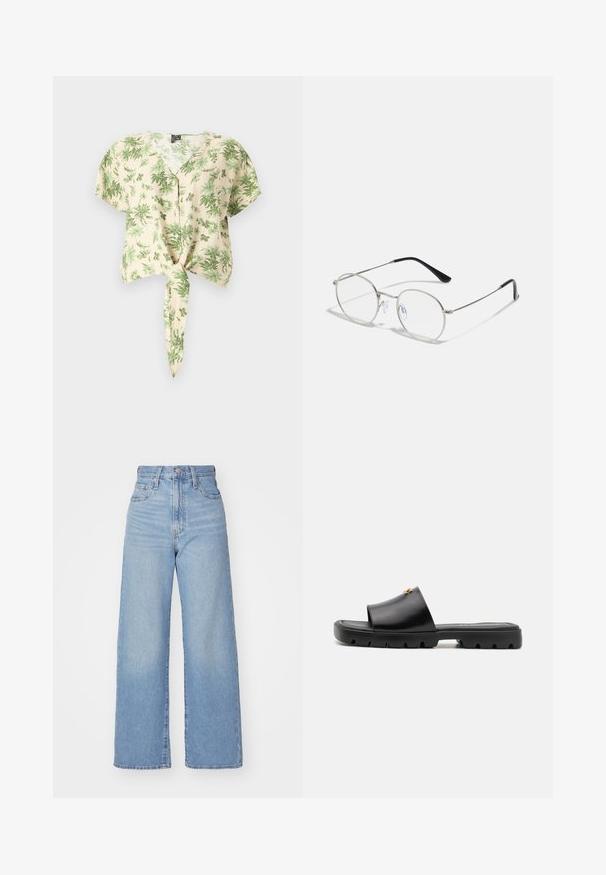 Lühikeste varrukatega beež särk roheliste lehemustritega, nuppe esiküljel ja sidumisdetailiga allservas. Valmistatud kergest kangast.; Heledad sinine kõrge vöökohaga laiad teksad, ees nupp ja tõmblukk, ees ja taga taskud, valge tausta peal.; Mustad mustad mustad pehmeast, mati nahast ülemisest osast ja paksust tekstureeritud kummist tallast. Märkimisväärne kullast riistvara aktsent ülemises osas. Lihtne, avatud disain.; Ümmargused metallist prilliraamid, millel on õhuke hõbedane raam, selged läätsed ja mustad templid, millel on mugavuse tagamiseks kummist otsikud. Minimalistlik disain.