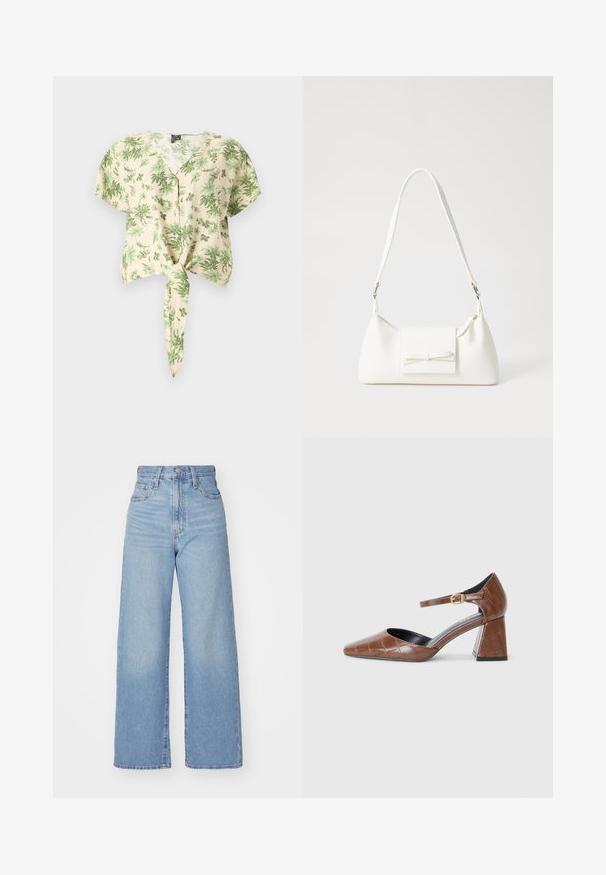 Kreklu ar īsām piedurknēm, gaiši brūnā krāsā, ar zaļiem lapu rakstiem, ar pogu aizdari priekšā un saitēm apakšpusē. Izgatavots no viegla auduma.; Gaiši zili augstās jostas vidukļa platās bikses ar priekšējo pogu un rāvējslēdzēju, priekšējām un aizmugurējām kabatām uz baltā fona.; Brūni lakoti ādas apavi ar kvadrātu formas purngalu, ar teksturētu krokodila rakstu, ar potītes siksniņu un zelta sprādzi, un apaļīgu papēdi.; Balta sintētiska soma ar trīsstūrveida formu, plakanu priekšējo vāciņu un loku detaļu, regulējamu siksnu, gludu tekstūru un minimālistisku dizainu.