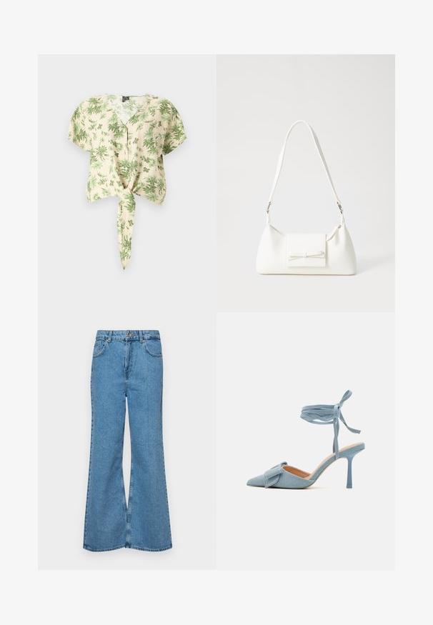 Short-sleeve, beige shirt with green leaf patterns, featuring a button-up front and a tied hem detail. Made of lightweight fabric.; Light blue flared jeans made of denim, featuring a high waist, five pockets, and a single button closure. Soft texture with faded finish.; Pointed-toe high heel shoe in light blue fabric with a textured finish, featuring a bow accent and ankle strap for secure fit.; White synthetic handbag with a triangular shape, flat front flap and bow detail, adjustable strap, smooth texture, and minimalistic design.