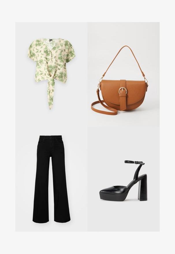 Camicetta beige a maniche corte con motivi di foglie verdi, caratterizzata da una chiusura frontale con bottoni e un dettaglio di orlo annodato. Realizzata in tessuto leggero.; Pantaloni neri a gamba larga in denim, con una vita strutturata, passanti per la cintura e tasche frontali. Texture liscia con un design classico.; Tacchi a piattaforma neri con punta appuntita e cinturino regolabile alla caviglia. Realizzati in pelle liscia, presentano un tacco a blocco spesso.; Borsa a tracolla in pelle marrone con forma curvata, hardware dorato e un dettaglio con fibbia. Presenta una tracolla rimovibile.