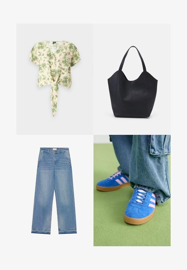 Beige Hemd mit kurzen Ärmeln und grünen Blättermustern, mit einer durchgehenden Knopfleiste und einem gebundenen Saumdetail. Aus leichtem Stoff gefertigt.; Helle blaue hochgeschnittene Schlagjeans mit Knopfverschluss, Fronttaschen, Gürtelschlaufen und subtilen Ausbleichungen.; Blaue Wildlederschuhe mit rosa Streifen und weißen Schnürsenkeln, ausgestattet mit einer Gummisohle, kombiniert mit lockeren Jeanshosen auf einer grünen Fläche.; Schwarze Tote-Bag aus glattem Leder, mit einem abgerundeten, offenen Oberteil, zwei Schulterträgern und einem minimalistischen Design.