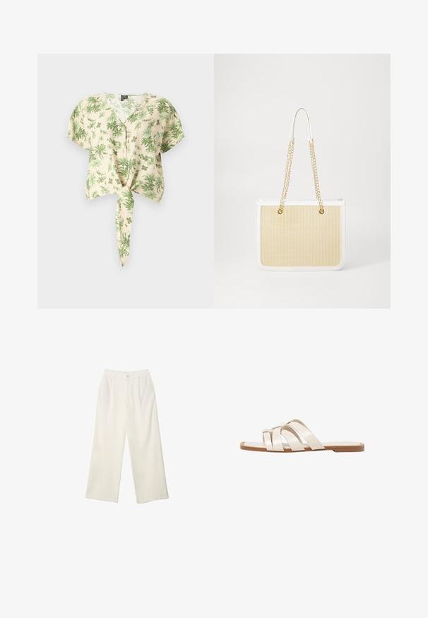 Kratki rukavi, bež košulja s uzorkom zelenog lišća, s gumbima sprijeda i vezanom donjom završetkom. Izrađena od laganog materijala.; Hlače širokih nogavica od kremaste tkanine s glatkom teksturom, s jednim prednjim gumbom, suptilnim plitvicama i visokim strukom.; Ravne sandale s smeškom od gume, dizajnirane s tri preklapajuće bele kožne trake i malim detaljem mašne u sredini.; Bež torba od pletene slame s bijelim kožnim detaljima, dvostrukim zlatnim lancima i pravokutnim oblikom. Površina ima teksturirani uzorak.