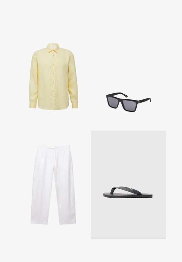 Long-sleeve yellow linen shirt with a button-up front, pointed collar, and light brown buttons. Features a smooth texture and relaxed fit.; White, loose-fitting pants made of lightweight fabric. Features an elastic waistband with a drawstring and two side pockets.; Black flip-flop with textured straps, flat sole, and serrated edge. Made of rubber with a smooth finish and minimalist design.; Black rectangular sunglasses with dark lenses, a matte finish, and logo detail on the temple. The design features straight edges and thick frames.