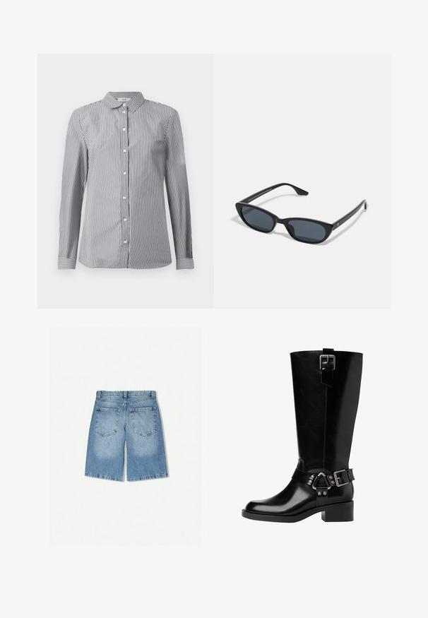 Črtasta srajca z gumbom iz črno-belega bombaža. Ima klasičen ovratnik in dolge rokave z gumbastimi manšetami.; Denim kratke hlače v svetlo modri barvi z ohlapnim krojem. Imajo dve zadnji žep in raven kroj. Gladka tekstura z minimalnim zbledelostjo.; Črne usnjene hlačne škornje do kolen z zaobljenim nosom, debelim petam, nastavljivim pasom s kovinskimi detajli in sijočim zaključkom.; Črne mačkaste sončne očala z temnimi lečami, plastičnim okvirjem, ozkimi stebli ter diskretnim logotipom na notranji strani ročaja. Mat zaključna tekstura.; Črna usnjena torba za ramena s ukrivljeno silhueto, ki ima zlat trak in gladko, sijočo površino.