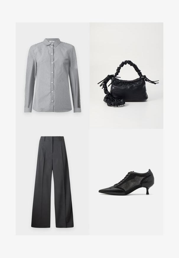 Gestreept button-up shirt van zwart-wit katoen. Voorzien van een klassieke kraag en lange mouwen met knopenmanchetten.; Wijde broek in donkergrijze stof, met een hoge taille, enkele plooien en een gladde textuur met een nette afwerking aan de zoom.; Zwarte schoen met spitse neus en een ontwerp met gaaspanelen, voorzien van een lage hak en vetersluiting. Gemaakt van een combinatie van leer en gaasmateriaal.; Zwarte nepleer handtas met een krokodillenstructuur, opgedroogde bovenkant en een gekreukte hengsel. Het lijkt zacht en compact van ontwerp.