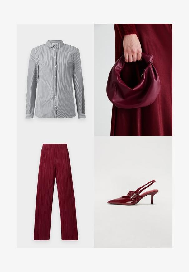 Rutet skjorte med knapper i svart og hvit bomull. Har klassisk krage og lange ermer med knappemanchetter.; Burgunderfargede, plisserte vide bukser med elastisk linning. Den teksturerte stoffer har vertikale striper. Rett snitt ned til nederste. ; Røde patentleder slingback hæle med spids tå, to spænde stropper og en slank, mellemhøj stiletto hæl. Glat tekstur.; Bordeaux lærhåndveske med et mykt, samlet design og avrundet form. Håndtaket er festet, og viser en glatt tekstur.
