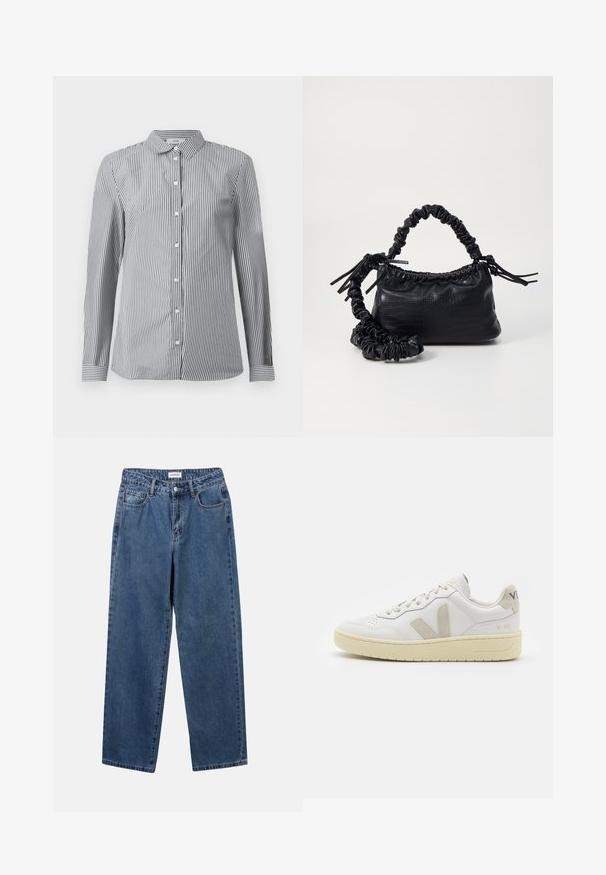 Rutet skjorte med knapper i svart og hvit bomull. Har klassisk krage og lange ermer med knappemanchetter.; Klassiske blå denimjeans med rett ben-design, fem lommer og knappelukking. Har en middels vask og solid tekstur.; Hvite lær sneakers med beige semsket detaljer, perforert tåboks, flate lisser og en teksturert kremfarget såle. Har subtil branding på hælen.; Svart faux skinn-håndveske med krokodilletekstur, strammet topp og en rynket stropp. Ser myk og kompakt ut i designen.