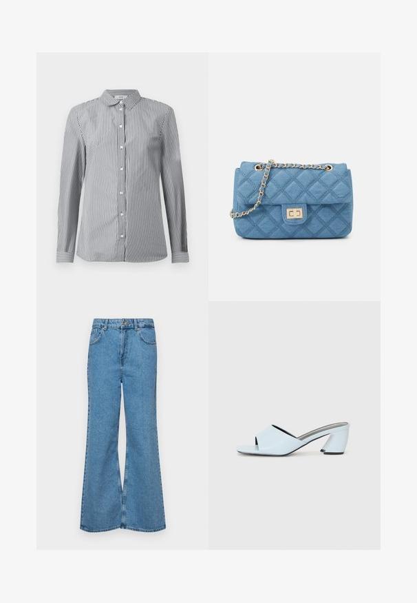 Pasiasta koszula z guzikami w czarno-białym materiale bawełnianym. Posiada klasyczny kołnierzyk i długie rękawy z mankietami na guziki.; Jasnoniebieskie dzwony z denimu, z wysokim stanem, pięcioma kieszeniami i zapięciem na jeden guzik. Miękka tekstura z wyblakłym wykończeniem.; Jasnoniebieskie klapki na wysokim obcasie z otwartym noskiem, ozdobione geometrycznym wzorem, z szerokim paskiem na stopie i masywnym, kątowym obcasem.; ONLY ONLFLORENCE jasnoniebieski denim