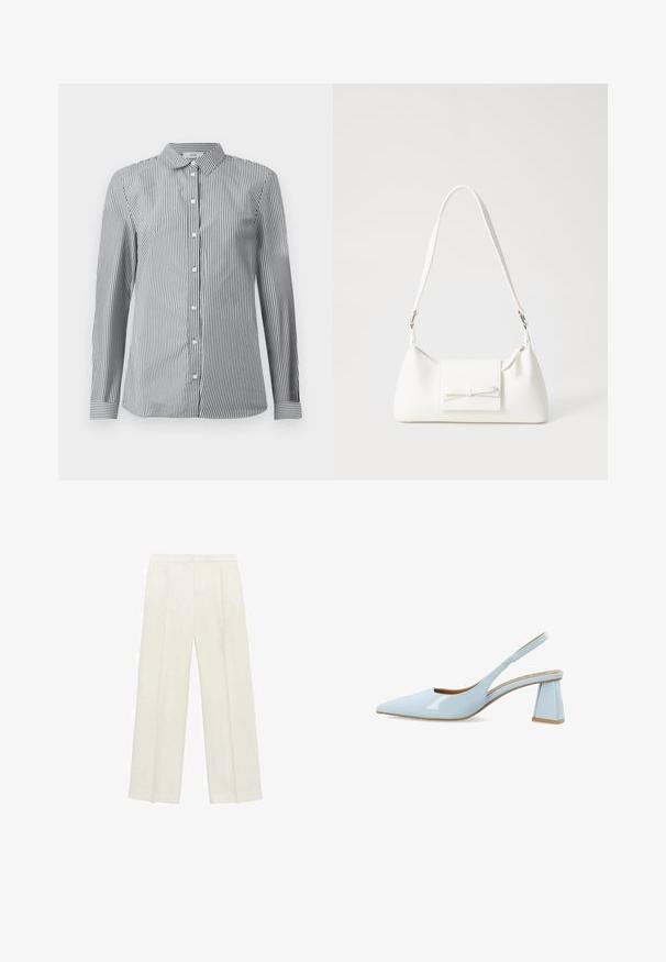 Pasiasta koszula z guzikami w czarno-białym materiale bawełnianym. Posiada klasyczny kołnierzyk i długie rękawy z mankietami na guziki.; Spodnie o szerokich nogawkach w jasnym kolorze kremowym. Wykonane z gładkiego materiału, z plisami z przodu i bocznymi kieszeniami.; Sandały typu slingback z wysmuklonym noskiem w błyszczącej jasnoniebieskiej wersji, z geometrycznym obcasem w kształcie bloku oraz otwartym bokiem dla lepszej wentylacji.; Biała syntetyczna torba o trójkątnym kształcie, płaskim przednim klapce i detalach w postaci kokardy, regulowanym pasku, gładkiej fakturze oraz minimalistycznym designie.
