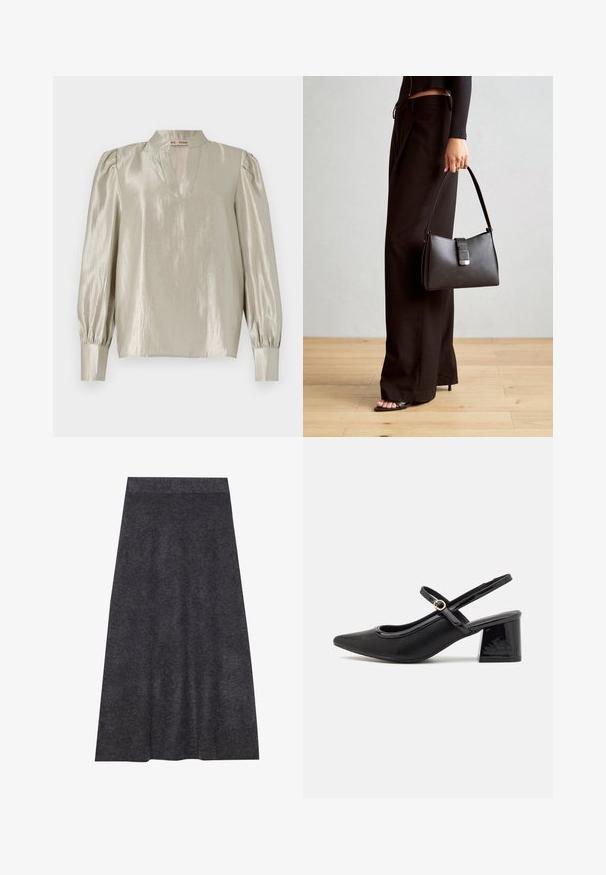 Világosszürke blúz fényes felülettel, magas nyakkivágással, V-alakú gombolással és hosszú, gumírozott ujjakkal, szűk csuklókkal.; Sötétszürke, térdhez érő kötött szoknya sima felülettel és derékpánttal. A-vonalú sziluett egyenletes szegéllyel, a kényelem és a sokoldalúság jegyében tervezve.; Fekete lakk bőr, pántos magassarkú cipő, hegyes orral, lekerekített kivágással és tömbsarkal. Arany színű csat díszíti.; Fekete kézi táska strukturált formával, sima textúrával és fémből készült záródással. Széles fekete nadrággal és nyitott orrú szandállal párosítva, fából készült padlón.