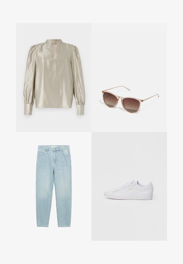 Blusa grigia chiara con finitura lucida, dotata di un collo alto, una scollatura a V e maniche lunghe arricciate con polsini aderenti.; Jeans in denim azzurro chiaro con vestibilità a gamba dritta, design a cinque tasche, chiusura frontale con bottone e texture leggermente sbiadita.; Sneaker Puma bassa bianche con lacci, branding discreto sul lato e sulla suola, e tomaia in sintetico liscio per un look casual.; Occhiali da sole con gradiente marrone e una montatura traslucida rosa, forma quadrata e aste in metallo sottili. Presentano bordi arrotondati e dettagli minimali.