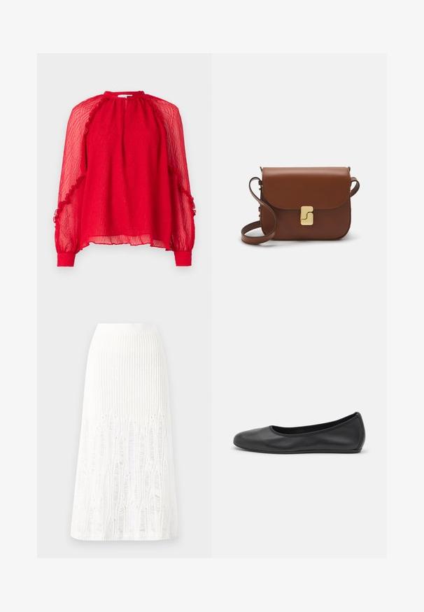 Hofmann Copenhagen XENIA - Bluza - kissmered; Trikotažna bela midi krila z teksturiranim vzorcem s pokončnimi črtami in izrezi blizu roba. Elastičen pas. Mehka tkanina.; Črne usnjene balerinke z zaobljenim nosom, gladko teksturo, minimalnimi šivi in fleksibilno zasnovo podplata.; Rjava usnjena torbica s poklopcem, zlato obarvani okovi, naramnica in gladka tekstura. Kompaktna pravokotna oblika.