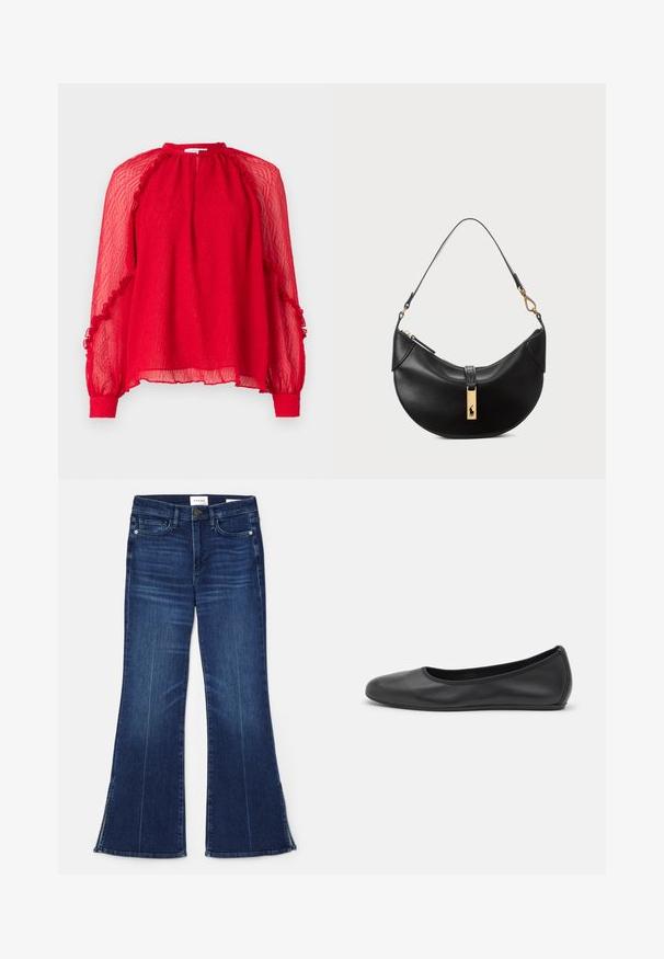 Hofmann Copenhagen XENIA - Blůza - kissmered; Tmavě modré zvonové džíny vyrobené z denimu. Mají vysoký pas, přední kapsy a rozparky na lemu. Klasický design s pěti kapsami.; Černé kožené baletní byty s kulatou špičkou, hladkou texturou, minimálními švy a flexibilním designem podrážky.; Černá kožená kabelka ve tvaru půlměsíce. Obsahuje zlaté kovové detaily a úzký popruh. Hladký povrch, zapínání na zip na vrchu.