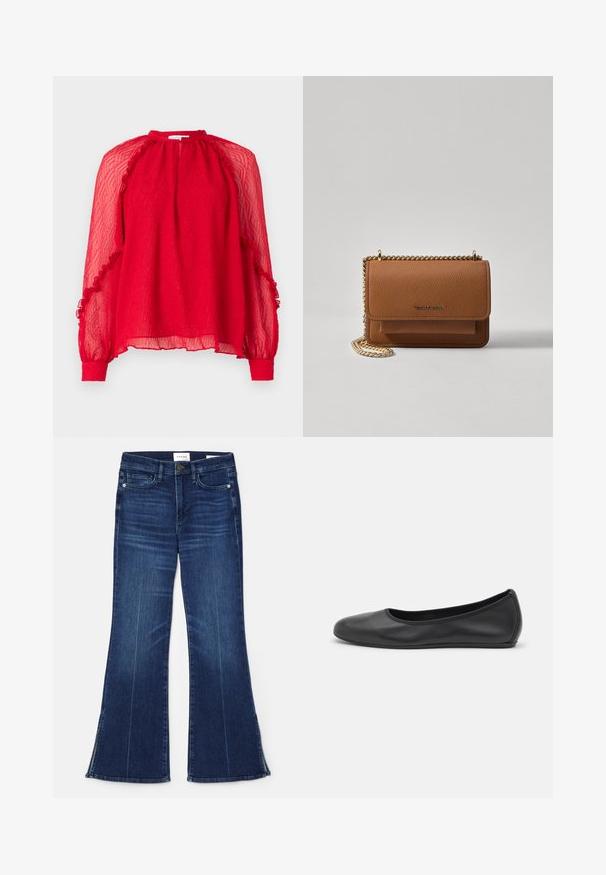 Hofmann Copenhagen XENIA - Blouse - kissmered; Dark blue flared jeans made from denim. Features a high waist, front pockets, and slit details at the hem. Classic five-pocket design.; Black leather ballet flat with a rounded toe, smooth texture, minimal stitching detail, and a flexible sole design.; Brown textured leather crossbody bag with gold chain strap and flap closure. Front features logo detail and a pocket under the flap.