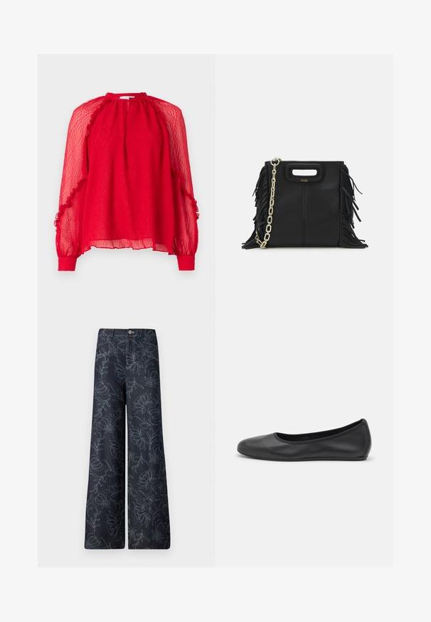 Hofmann Copenhagen XENIA - Camicetta - kissmered; Pantaloni larghi in denim scuro con un motivo floreale ricamato in azzurro. Design classico a cinque tasche con chiusura frontale a bottone.; Pantofole da balletto nere in pelle con punta arrotondata, texture liscia, dettagli di cucitura minimi e design con suola flessibile.; Borsa a tracolla in pelle nera con dettagli a frangia, catena dorata e manico ritagliato. Presenta il logo sulla parte anteriore.