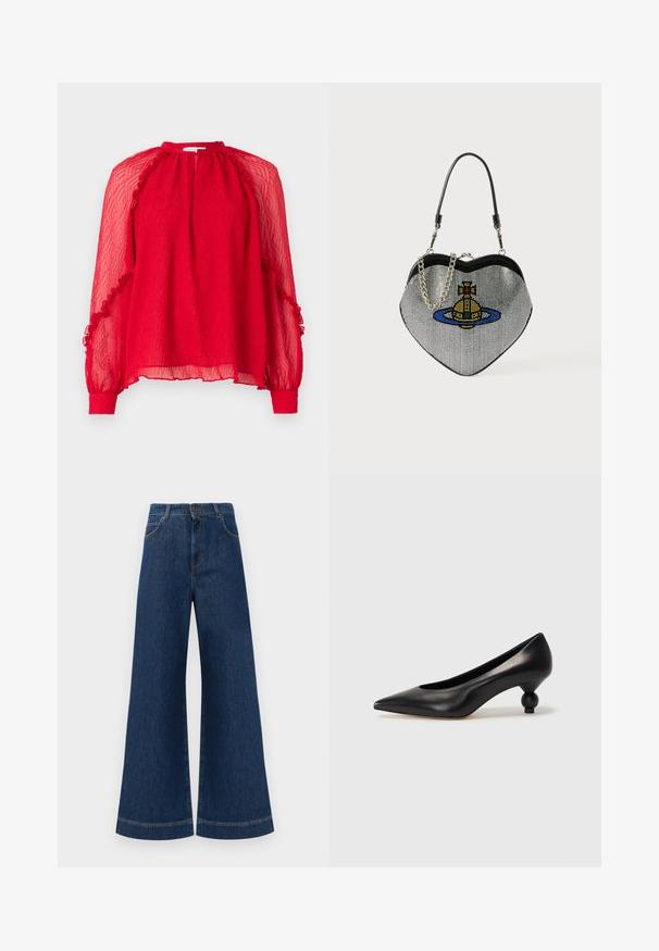 Hofmann Copenhagen XENIA - Blūze - kissmered; Plati ziladenim bikses ar augstu jostasvietu, kas aprīkotas ar pogas aizdari, jostu cilpām un nelieliem šuvju detalizējumiem ap kabatām un malām.; Melnas ādas augstpapēžu kurpes ar smailu purngalu un apaļu papēdi. Gluda tekstūra ar elegantu, minimālistisku dizainu.; Sirds formas somiņa izgatavota no sietiņmateriāla ar metālisku apdari, ar kaķa un planētas dizainu zilos, dzeltenos un sarkanajos toņos. Ietver ķēdes siksnu.