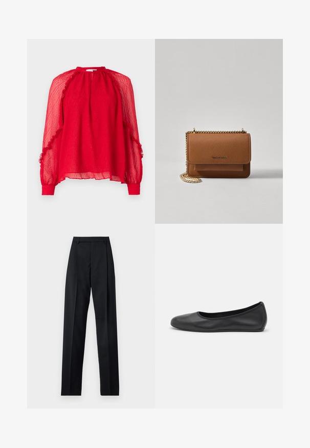 Hofmann Copenhagen XENIA - Bluse - kissmered; Svarte bukser laget av glatt stoff, med høy midje, vide ben, frontfolder og klassiske beltehemper. Ingen synlige sidelommer.; Svart skinnballettflatt med rund tå, glatt tekstur, minimal sømdetalj, og et fleksibelt såledesign.; Brun teksturert lær crossover-veske med gullkjede-stropp og klaffelukking. Fronten har logo-detalj og en lomme under klaffen.