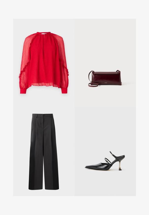 Hofmann Copenhagen XENIA - Palaidinė - kissmered; Juodos plačios kelnės su aukštu liemeniu, su priekinėmis raukšlėmis, glotnia tekstūra ir pritaikytu apdailos stiliumi. Sukurtos laisvam sėdėjimui.; Juodasis odinis batelis su smailiu nosiu ir slingback stiliumi, turintis dvi reguliuojamas juosteles ir metalinį kulną. Lygi tekstūra ir minimalistinis dizainas.; Burgundi odos pernašama kuprinė su lygiu paviršiumi, stačiakampio formos, su užsegimu ant sklendės ir plonu reguliuojamu dirželiu. Matomas auksinis logotipas.