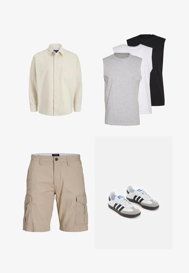 Beige ribfluwelen overhemd met een knoopsluiting aan de voorkant, kraag, lange mouwen en een enkele borstzak. Het overhemd heeft smalle verticale strepen.; Drie mouwloze T-shirts in grijs, wit en zwart. Zacht katoenmateriaal met een ronde hals en een relaxte pasvorm. Eenvoudig ontwerp, geen patronen.; Beige cargoshorts van katoen, met meerdere zijzakken, een knoopsluiting bij de taille en een rechte pasvorm.; Sportschoenen met een witte leren bovenkant, grijze suède neus en drie zwarte strepen. Bevat een blauw logo op de tong en een gestructureerde rubberen zool.