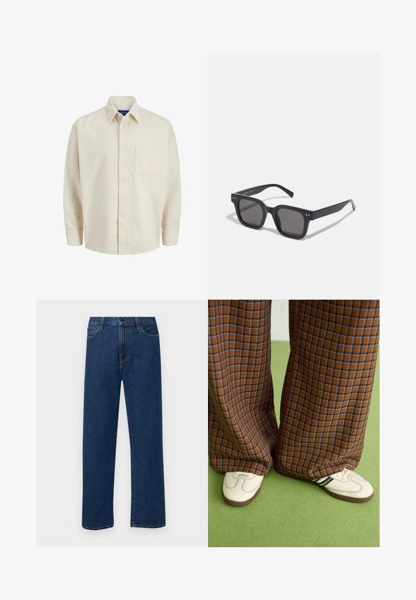 Beige bordás ing gombos elejével, gallérral, hosszú ujjakkal és egyetlen mellzsebbel. Finom függőleges csíkokkal rendelkezik.; Sötétkék, egyenes szárú farmernadrág, elülső zsebekkel és gombos záródással, sima fehér háttéren bemutatva.; Barna és kék kockás, bőrt lábú nadrág, fehér cipővel, fekete részletekkel és texturált talppal, zöld háttér előtt.; Fekete téglalap alakú napszemüveg sötét lencsékkel, vastag kerettel, finom díszítésekkel az oldalán, és a márkanevet leszámítva látható logók nélkül.