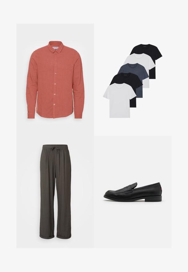 Långärmad skjorta i blek korallfärgad linne, med klassisk krage och knappstängning fram med matchande knappar. Slät textur och skräddarsydd passform.; Set med fem t-shirts i svart, vitt och marinblått. Bomullslyster, korta ärmar, rund halsdesign och slät struktur utan mönster.; Mörkgrå vida byxor med dragsko i midjan, tillverkade av ett mjukt, texturerat tyg, med uppvikta fållar vid anklarna.; Svarta läderloafers med en slät finish, rund tå och en liten dekorativ flik. Har en låg staplad klack och subtilt varumärkesdetalj.