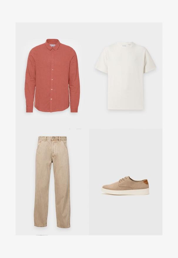 Cămașă cu mâneci lungi din in corai estompat, având un guler clasic și închidere frontală cu nasturi asortați. Textură netedă și croială ajustată.; Tricou alb cu maneci scurte, dintr-un material ribbed. Guler rotund, croi lejer, fără modele sau accente vizibile. Design simplu și versatil.; Jeans din denim bej cu un design drept, care prezintă buzunare frontale, închidere cu buton metalic și o textură subtilă.; Tenisi din suede bej cu vârf rotund, sistem de șireturi în față și un accent texturat în spate. Talpa albă din cauciuc oferă un contrast. Design simplu și modern.