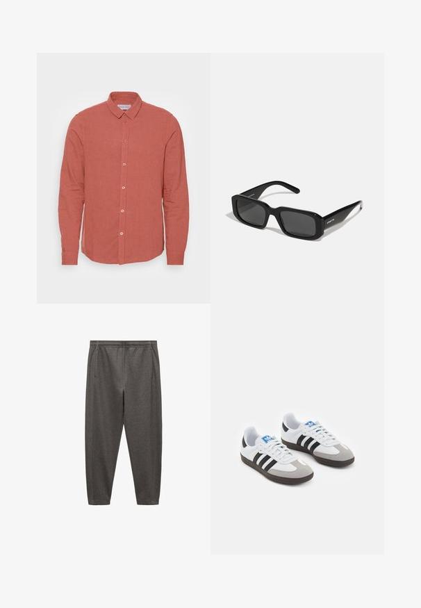 Langarmshirt van vervaagd koraal linnen, met een klassieke kraag en een knoopsluiting aan de voorkant met bijpassende knopen. Gladde textuur en getailleerde pasvorm.; Grijze joggings met een zachte stof, voorzien van een elastische tailleband, zijzakken en een taps toelopend ontwerp.; Sportschoenen met een witte leren bovenkant, grijze suède neus en drie zwarte strepen. Bevat een blauw logo op de tong en een gestructureerde rubberen zool.; Arnette THEKIDD UNISEX - Zonnebril - black