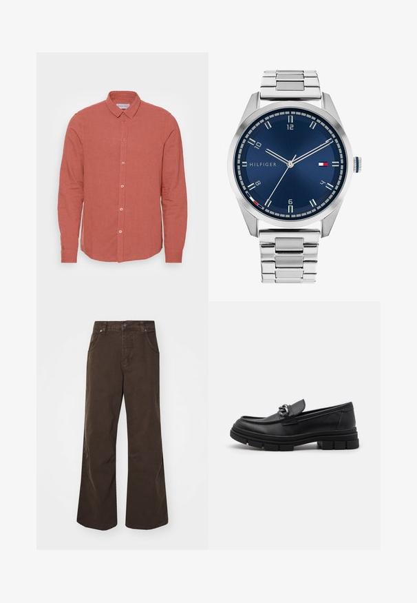 Cămașă cu mâneci lungi din in corai estompat, având un guler clasic și închidere frontală cu nasturi asortați. Textură netedă și croială ajustată.; Pantaloni largi maro din bumbac, cu talie înaltă, buzunare frontale și o textură fină. Detaliile de finisare includ cusături subtile.; Mocasini din piele neagră cu vârful rotund, o curea decorativă și accesorii metalice, și o talpă chunky texturată. Finisaj neted cu detalii subtile.; Ceas metalic argintiu cu un cadran albastru periat, marcaje albe pentru ore și o afișare a datei. Dispune de o curea metalică legată și logo-ul mărcii.; Colier din argint cu lănțișoare groase și un pandantiv circular central cu detalii intricate. Suprafață metalică netedă și reflexivă.