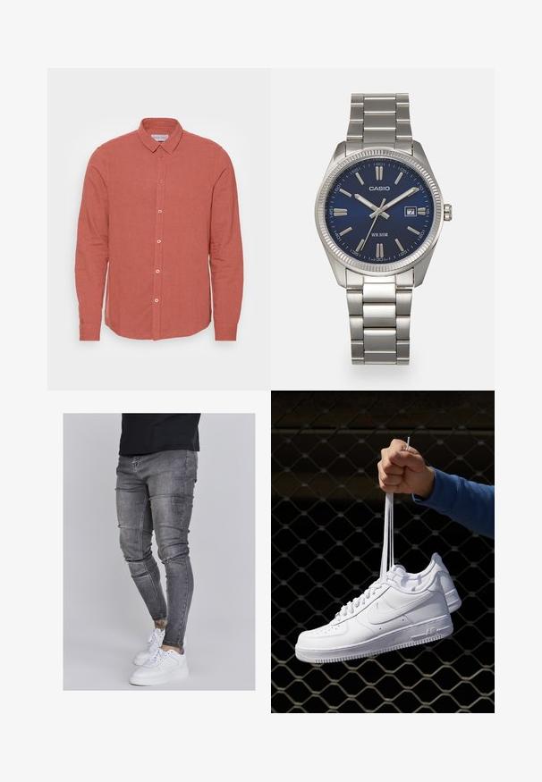 Ilgām piedurknēm krekls izbalējušā korallā linu, ar klasisku apkakli un priekšējo pogu aizdari, kurai ir atbilstošas pogas. Gluda tekstūra un piegriezums, kas labi pieguļ.; Tievās džinsās bālganā pelēkā denimā, kas izceļas ar nolietotām detaļām pie ceļgaliem, apvienotas ar baltām kedām. Gluda tekstūra, šaurs piegriezums.; Baltas ādas sporta apavi ar perforācijām, apaļu purngali, plakanu zoli un biezām šņorēm, ar redzamu swoosh logo un vārdu "AIR" uz papēža.; Sudraba nerūsējošā tērauda rokas pulkstenis ar tumši zilu ciparnīcu, metalizētiem stundu rādītājiem un datuma logu pie pulksten 3. Ūdensizturīgs līdz 50 metriem.