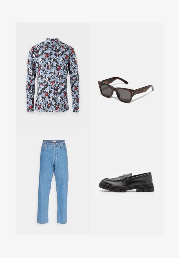 Camicia a maniche lunghe con bottoni di colore azzurro chiaro, decorata con un motivo floreale in rosso, nero e bianco. Presenta un colletto e chiusura frontale con bottoni.; Jeans a vita alta, dritti, di colore blu chiaro, con chiusura frontale a bottone e zip, passanti per cintura e design a cinque tasche su sfondo bianco.; Mocassini in pelle nera con finitura liscia, dotati di un dettaglio di cinturino anteriore e di una suola in gomma spessa con accenti scanalati.; Occhiali da sole tartaruga con lenti scure, montatura quadrata e borchie argentate nell'anteriore. Realizzati in plastica, leggeri e resistenti.