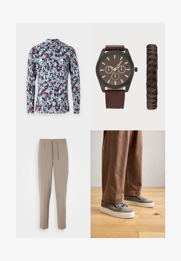 Long-sleeve button-up shirt in light blue with a floral pattern in red, black, and white. Features a collar and front button closure.; Light beige trousers with an elastic waistband, adjustable drawstring, and tapered legs. Fabric appears smooth with a slight sheen.; Brown wide-leg pants worn with gray suede sneakers featuring black laces and white thick rubber soles on wooden floor.; Pier One SET - Watch - black/brown