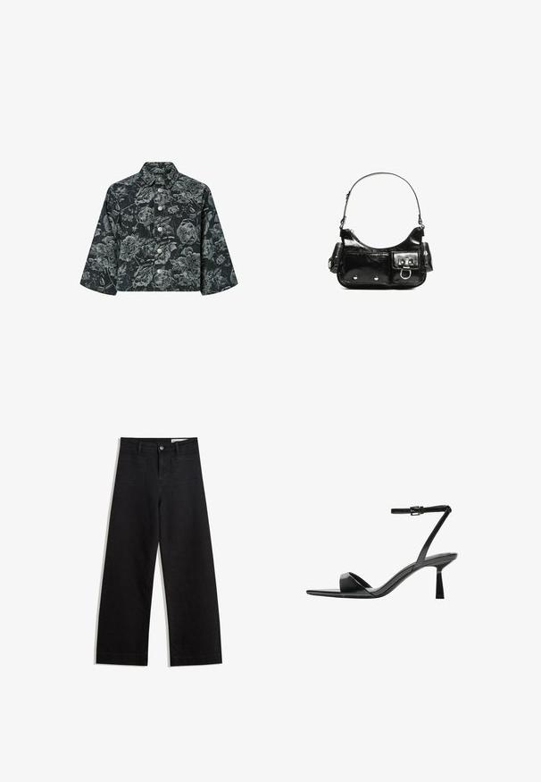 Tamna skraćena jakna sivo cvjetnog uzorka, dugmad za zatvaranje sprijeda, široke rukave i oštri ovratnik.; Crne široke traperice s visokim strukom, s prednjim i stražnjim džepovima, šivenim šavovima i kopčanjem na gumb. Glatka tekstura.; Bershka Sandale s visokom petom - black; Crna patentna kožna torba s zakrivljenim oblikom, jednim remenom za rame, prednjim džepovima i akcentima od srebrnog tona.