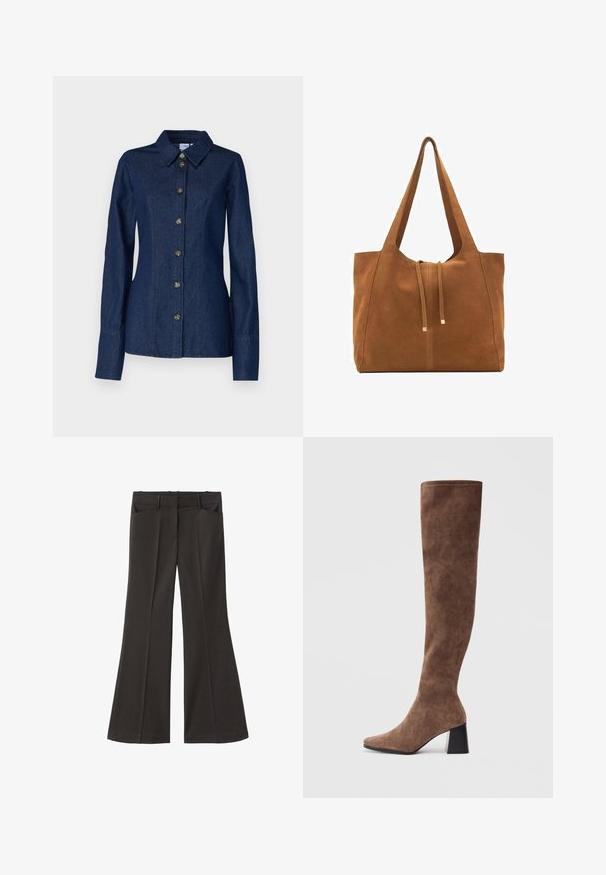 Tumman denim-paitajakku, jossa on kärkipontto, pitkät hihat ja kuusi etunappia. Tässä on näkyvää ompelua ja lievää muotoilua vyötäröllä.; Mustat vyötäröltä korkealla loistavat housut; niissä on kaksi etutaskua ja sileä kangaspinta. Sopii eri tilaisuuksiin.; Sukkapituiset ruskeat saappaat pehmeästä mokasta, joissa on teräväkärkinen muotoilu ja jykevä musta korko. Suunnittelussa on saumaton ompelu, joka antaa tyylikkään ilmeen.; Ruskea nubuk-olkalaukku, jossa on kaksi pitkää hihnaa, naru- ja minimalinen sulkemismekanismi. Tasainen pinta ja ei näkyviä metalliosia.
