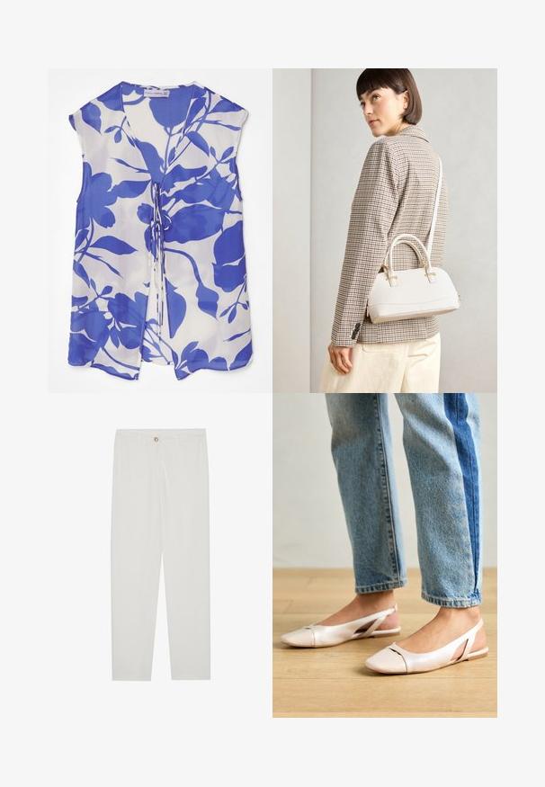 Blouse sans manches en tissu transparent, avec un motif floral bleu sur fond blanc, décolleté en V et détails à nouer à l'avant.; Pantalon blanc sur mesure avec une coupe droite, doté d'une fermeture à bouton, de passants de ceinture et de poches latérales ; texture de tissu lisse.; Ballerines slingback rose pâle avec un bout pointu, fabriquées en un matériau semblable au cuir lisse. Présentent des découpes sur les côtés et un talon plat.; Sac à main structuré blanc avec de courtes poignées et une bandoulière, doté de accents en métal doré et d'un matériau texturé, présenté sur un fond gris.