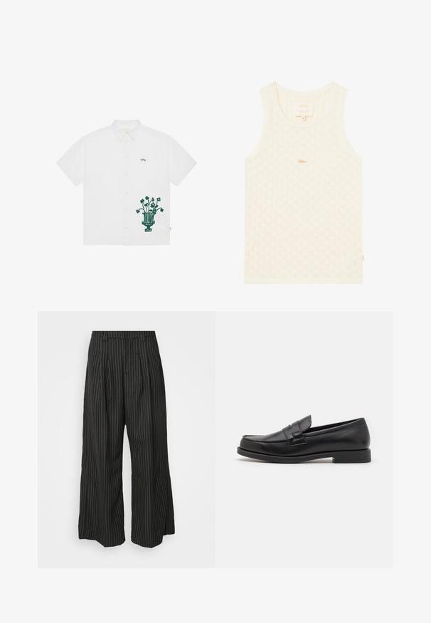 Hvit kortermet skjorte med knapper og grønn brodert vase- og blomstermotiv på venstre side. Har klassisk krage og vevd logodetalj.; Kremfarget tanktopp med ribbet tekstur som har små diamantmønstre. Den har en avrundet halslinje og en subtil gulllogo.; Svarte stripete vide bukser med folder, med en skreddersydd design og en myk tekstur. Ingen synlige detaljer eller aksenter.; Sorte skinn loafers med et elegang design, rund tå, sømdetaljer og lav blokkheel. Glatt tekstur og minimale detaljer.