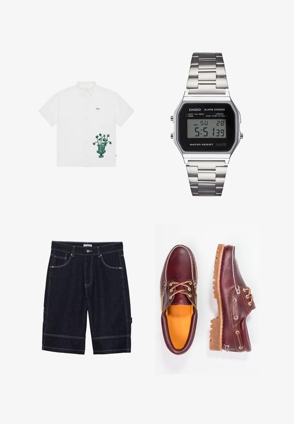 Valge lühikeste varrukatega nööbiga särk, mille vasakul poolel on roheline tikitud vaasi ja lillede kujundus. Omab klassikalist kraed ja kudumisega logo detaili.; Kreemjat värvi tank top, millel on ribitud tekstuur ja väikeste teemantimustritega kaunistus. Sellel on ümar kaelus ja diskreetne kuldne logo.; Tumed denim šortid kontrastõmblustega, viie tasku, nööpkinnituse ja sirge lõikega disain. Ilma nähtavate mustrite või tekstuurideta.; Burgundia nahkkingad pruunide kummitaldadega, ümmarguse varbaga, valge tikandi ja kuldsete silmadega. Siseosa on kollase voodriga.; Digitaalne Casio kell musta näo, hõbedase roostevabast terasest rihmaga, ristküliku kujuline korpus ning nupud valguse, ringi nullimise ja režiimi kohandamiseks.