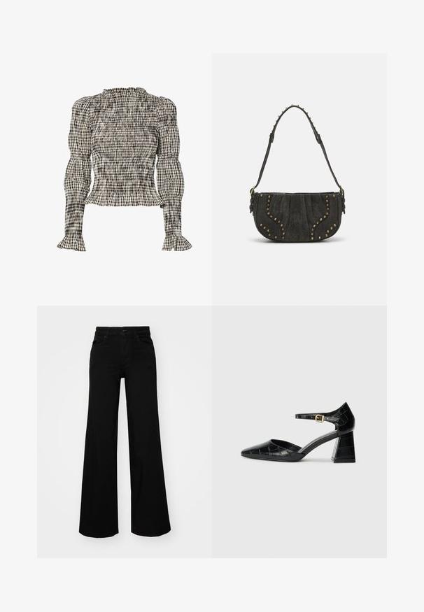Smocked blouse featuring a checkered pattern in black, white, and beige. Ruffled neckline and cuffs, long sleeves, cropped fit.; Black wide-leg pants made of denim, featuring a structured waistband, belt loops, and front pockets. Smooth texture with a classic design.; Black patent leather high-heeled shoe with pointed toe, ankle strap, and textured crocodile pattern. Square block heel design.; Black suede handbag with a curved design, featuring rivet accents and a textured surface. Adjustable strap with stud details along the edge.