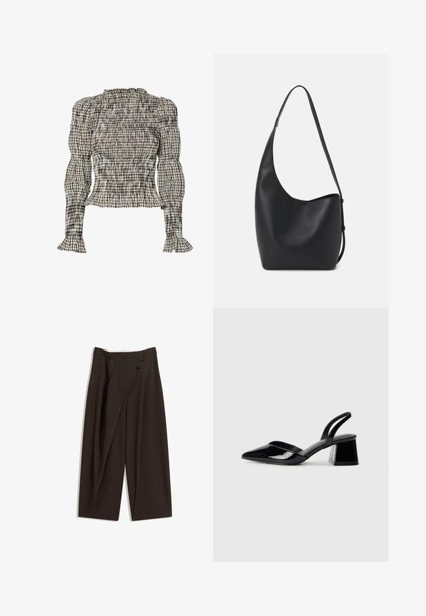 Smocked blouse featuring a checkered pattern in black, white, and beige. Ruffled neckline and cuffs, long sleeves, cropped fit.; Dark brown wide-leg trousers with a high waist, featuring a single button closure and a pleated front. Made from lightweight fabric.; Black patent leather slingback heels with a pointed toe and a geometric block heel. Features a sleek, minimal design and smooth texture.; Black leather hobo bag with a smooth texture, curved shape, and single adjustable strap; features a wide opening at the top.