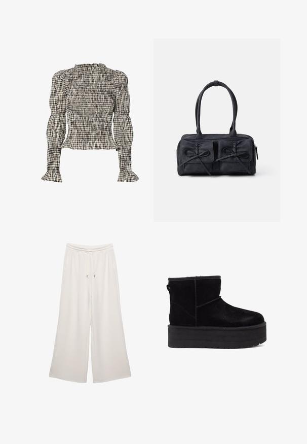 Blusa con arricciatura in motivo a quadretti nei colori nero, bianco e beige. Collo e polsini a volant, maniche lunghe, vestibilità corta.; Pantaloni a gamba larga di colore crema, realizzati in tessuto morbido, con vita elastica, cordoncino e tasche laterali. Texture liscia.; Stivaletti alla caviglia in suede nero con una suola piatta robusta e un rivestimento morbido. Finiti con dettagli di cucitura e una linguetta posteriore per indossarli facilmente.; Borsa in tessuto nero con due tasche frontali decorate con fiocchi, doppi manici e chiusura zip. Texture morbida e forma rettangolare.