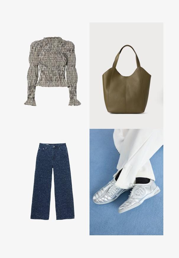 Geraffte Bluse mit karierter Musterung in Schwarz, Weiß und Beige. Rüschensaum am Kragen und an den Ärmeln, lange Ärmel, kürzere Passform.; Weite Denim-Jeans in Dunkelblau, mit einem strukturierten Stoff und subtilen Farbabweichungen, fünf Taschen und einem vorderen Knopfverschluss.; Silberne Sportschuhe mit einer glatten, glänzenden Oberfläche, die ein genähtes Design und die Nummer 90 an der Seite aufweisen, kombiniert mit weißen Hosen.; Olivgrüne Leder-Tasche mit doppelten Trägern, glatter Textur und vierteiliger Gestaltung. Verstärkte Nähte entlang der Nähte für Langlebigkeit.