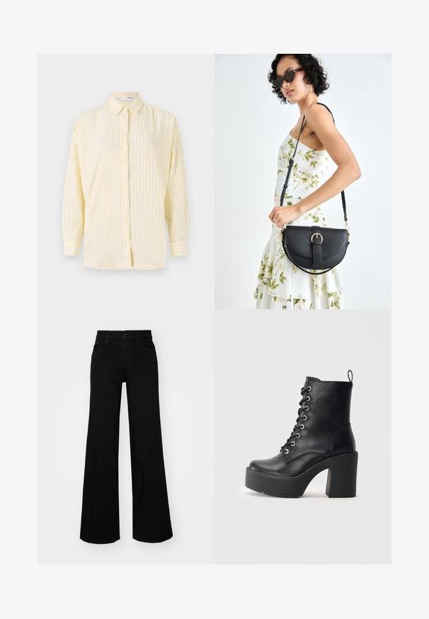 Geel en wit gestreepte button-up shirt met een kraag, lange mouwen en een ontspannen pasvorm. Voorzien van een sluiting met knopen aan de voorkant en een rechte zoom.; Zwarte wijdvallende broek van denim, met een gestructureerde tailleband, riemlussen en voorzakken. Glad van textuur met een klassiek ontwerp.; Zwarte leren enkellaars met een stevige blokhak, vetersluiting aan de voorkant en een gestructureerd oppervlak. Heeft een lipje aan de achterkant voor gemakkelijk aan- en uittrekken.; Zwarte leren handtas met een gebogen vorm, afneembare schouderband en gouden hardware. De tas heeft een klep met een gespsluiting.
