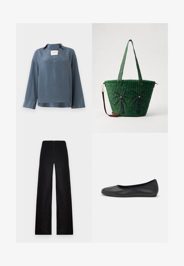 Mėlynas satino ilgomis rankovėmis viršus su V formos iškirpte ir apykakle. Turi kvadratinį pjūvį ir rankogalius su lygia tekstūra. Prekės ženklo etiketė matoma viduje.; Juodos plačios kelnės, pagamintos iš lengvo audinio. Turinčios aukštą liemenį, lygią tekstūrą ir švarias linijas be kišenių ar papuošimų.; Juodai odiniai baletai su apvaliu pirštu, lygi texture, minimalus siuvimo detales ir lanksčiu padų dizainu.; Žalia pynimo dydžio kuprinė su palmės medžiais tamsiai žaliai; turi dvi rankenas ir nuimamą rudos odos petinę dirželį.