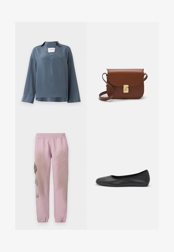 Long-sleeve, blue satin top with a v-neck and collar. Features a boxy cut and cuffs with a smooth texture. Brand label visible inside.; Pink sweatpants with an elastic waistband, featuring decorative patches in diamond shapes on the left side and elastic cuffs at the ankles.; Black leather ballet flat with a rounded toe, smooth texture, minimal stitching detail, and a flexible sole design.; Brown leather handbag with a flap closure, gold-tone hardware, a shoulder strap, and a smooth texture. Compact rectangular shape.