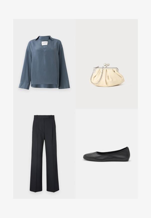 Langärmliges, blaues Sato-Shirt mit V-Ausschnitt und Kragen. Verfügt über einen kastigen Schnitt und Manschetten mit glatter Textur. Markenetikett innen sichtbar.; Dunkelblaue Nadelstreifenhosen mit hoher Taille, weit geschnittenem Bein und ohne sichtbare Beschläge oder Verzierungen. Glatte Textur und taillierte Passform.; Schwarze Leder-Ballettschuhe mit abgerundeter Spitze, glatter Textur, minimalen Nähdetails und einem flexiblen Sohlen-Design.; Faltige beigefarbene Ledertasche mit einem silbernen Metallrahmen, ausgestattet mit zwei runden dekorativen Verschlüssen und einem silbernen Kettenriemen.