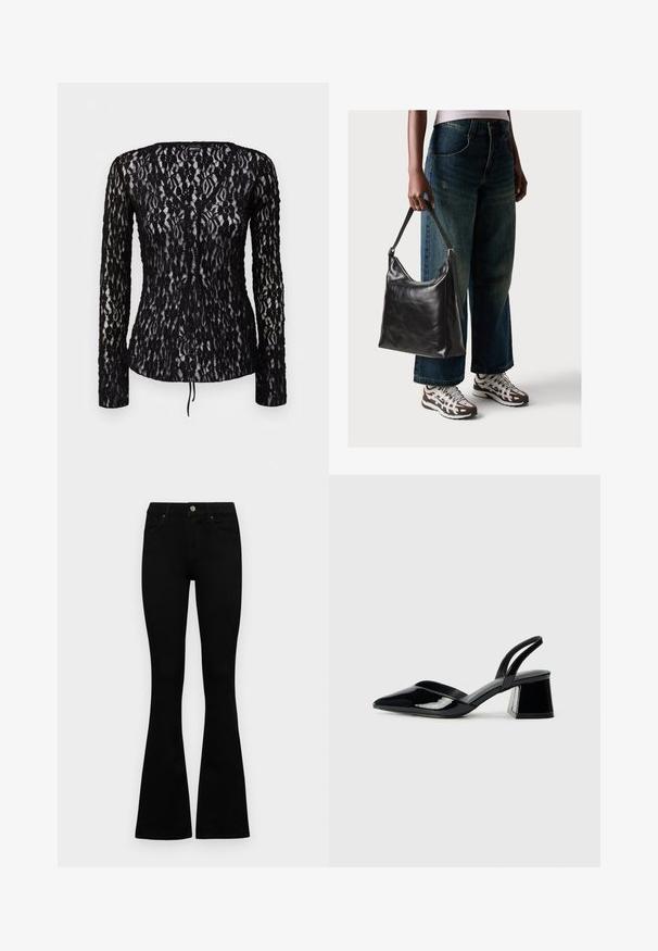 Gina Tricot TIE FRONT - Pusero - black; Mustat korkeavyötäröiset farkut nappi- ja vetskariyläosalla, etutaskuilla ja levenevillä lahkeilla, asetettuna tasaisesti valkoista taustaa vasten.; Mustat patentoitu nahkakengät, joissa on säären takaosa ja terävä kärki, sekä geometrinen palikkakorko. Sisältää tyylikkään, minimalistisen muotoilun ja sileän pinnan.; Musta nahkainen olkalaukku, jossa on sileä pinta ja säädettävä hihna, yhdistettynä haalistuneisiin leveälahkeisiin farkkuihin ja urheilukenkien kanssa.