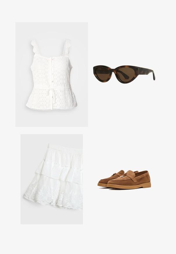Weißes Spitzentop mit gewellten Trägern, Knopfverschluss vorne, Peplum-Saum und verstellbarem Bindeband in der Taille. Zartes Blumenmuster auf der gesamten Fläche.; Strickoberteil ohne Ärmel in Elfenbein mit einem strukturierten, offenen Gewebemuster. Die gewellten Kanten an den Armöffnungen und dem unteren Saum verleihen Detail.; Weißer gestufter Rock aus leichtem Stoff, mit einem Rüschendesign und floraler Spitzenkante am Saum. Elastischer Taillenbund.; Braune Wildlederslipper mit flacher Sohle, ausgestattet mit einer dekorativen Schleife und subtilen Stickdetails. Rundliche Zehenform.; Schildpatt-farbene Cat-Eye-Sonnenbrille mit braunen Gläsern, ausgestattet mit glatten, glänzenden Kunststoffrahmen und einem eleganten Design. Keine sichtbaren Logos oder Akzente.