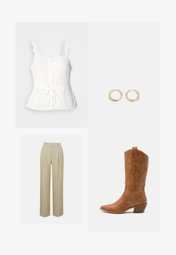 Balta mežģīņu blūze ar viļņotām siksnām, pogu aizdare priekšpusē, pepluma apakša un regulējams aukliņa jostasvietā. Smalks ziedu raksts visā apģērbā.; Bēšas platā kāju bikses, izgatavotas no gludas auduma, ar priekšējiem krokām, piegrieztiem jostas galiem un sānu kabatām. Tīrs apakšmala apdare.; Brūni ādas kovboju zābaks ar norādītu purngalu, izšūtām viļņveida apakšējo detaļu un sakrautajiem blokiem. Iezīmēts ar velkšanas cilpu ērtai uzvilkšanai.; Zelta riņķveida auskari ar tekstūru un neregulāru formu. Iekļauj bezšuvju aizdari un pulētu virsmas apdari, uzsverot mūsdienīgu dizainu.