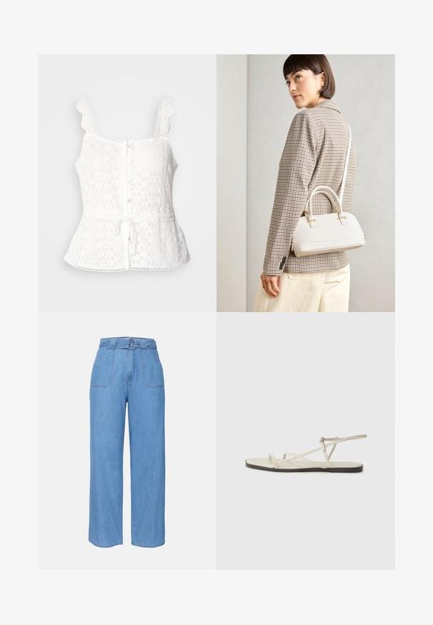 White lace top with scalloped straps, button front closure, peplum hem, and adjustable tie at the waist. Delicate floral pattern throughout.; Light blue denim wide-leg trousers with a belted waist, two front pockets, and a plain texture. Features a minimalist design and clean lines.; Beige flat sandal with multiple slender straps and an adjustable buckle. The sole is flat with a slight dark contrast at the edge.; White structured handbag with short handles and a shoulder strap, featuring gold hardware accents and textured material, displayed against a grey background.