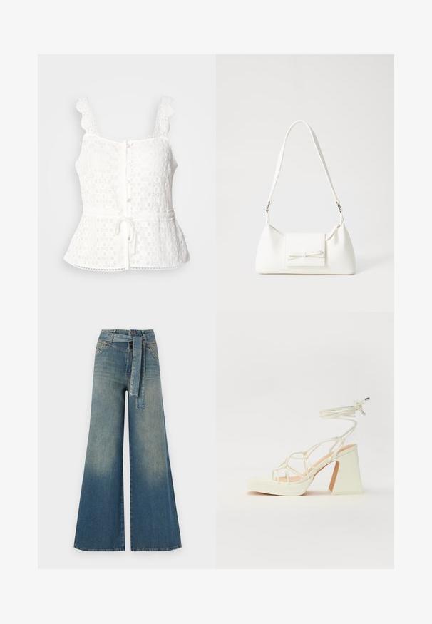 Top bianco in pizzo con spalline ondulate, chiusura anteriore con bottoni, orlo peplum e cintura regolabile in vita. Delicato motivo floreale su tutta la superficie.; Pantaloni in denim a gamba larga con una sfumatura che va dal blu chiaro al blu scuro, vita alta, passanti per cintura e una cintura in tessuto coordinato. Finitura in denim strutturato.; Sandalo bianco con tacco alto, caratterizzato da un design a cinturini e un legaccio alla caviglia. Texture liscia con una piattaforma frontale per un'altezza aggiuntiva.; Borsa sintetica bianca a forma triangolare, con patta anteriore piatta e dettaglio a fiocco, tracolla regolabile, texture liscia e design minimalista.